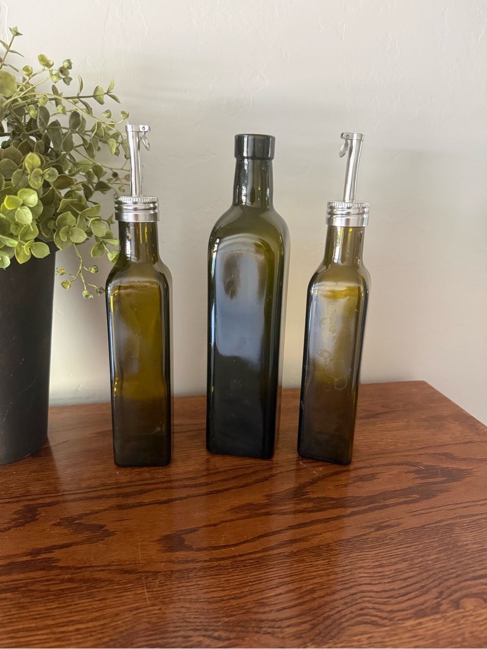 Set of 3 Dark Green Glass Olive Oil Bottles – Elegant Kitchen Décor